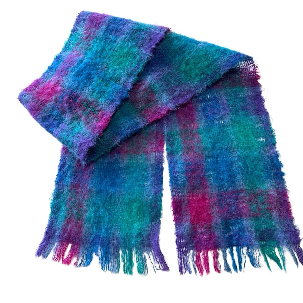 Liberty 70% Mohair 30% Wool Jewel Tone Plaid Scarf Made in Scotland - Picture 2 of 6